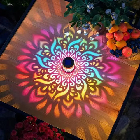 Seven-Color Changing Solar Mandala Projection Wall Light Decorative Solar Mandala Lights Outdoor Waterproof Metal Fence Lights for Yard Garden Post Patio Backyard Decor (2Pcs)