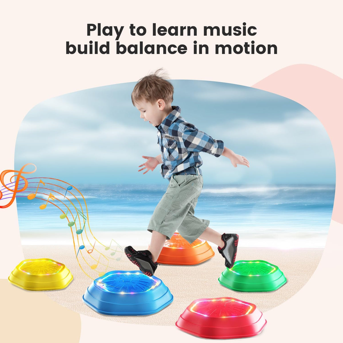 Light-Up Musical Stepping Stones for Kids, 5-Piece Set, Non-Slip Sensory Balance Stones for Toddlers, Indoor & Outdoor Play, Perfect for Ages 3+