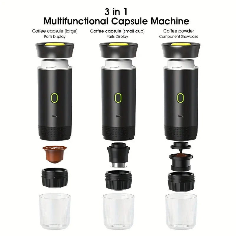 3-In-1 Portable Electric Coffee Machine, Travel Coffee Machine, Type-C Interface (2500Mah Lithium Battery), Hot and Cold Dual Mode, Wireless Heating, 60S Quick Heat, 60Ml Capacity, Suitable for Coffee Powder/Large and Small Cup Capsules