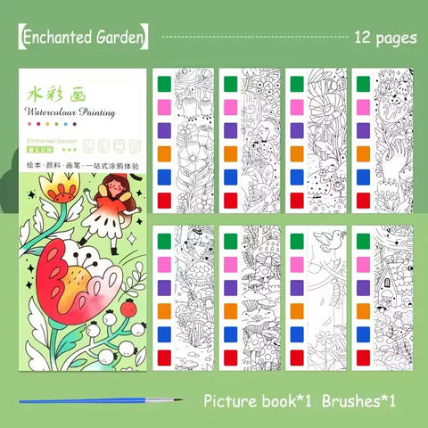 Magic Watercolor Coloring Book for Kids 12 Sheets Graffiti Painting Notebook with Paint Brush Water-Activated Gouache Drawing