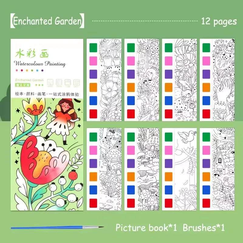 Magic Watercolor Coloring Book for Kids 12 Sheets Graffiti Painting Notebook with Paint Brush Water-Activated Gouache Drawing