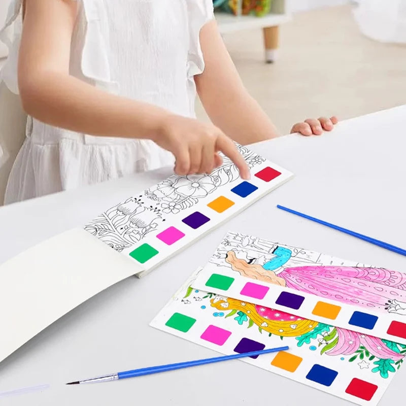Magic Watercolor Coloring Book for Kids 12 Sheets Graffiti Painting Notebook with Paint Brush Water-Activated Gouache Drawing