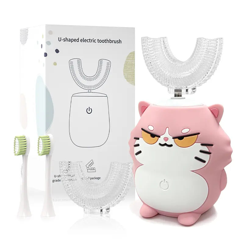 Kids Electric U-Shaped Toothbrsh - Cat Cartoon Sonic Atomatic Toothbrsh, 4-Head Fll Moth 6-Speed Cleaning Mode, Sitable for 2-15 Years Old Rechargeable Electronic Toothbrushes