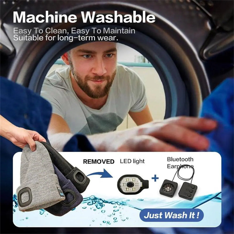 Bluetooth Beanie with LED Headlight and Removable Speaker, USB Rechargeable Warm Hat LED Hat for Music and Calling, Sport,Outdoor,Unisex Birthday Gift