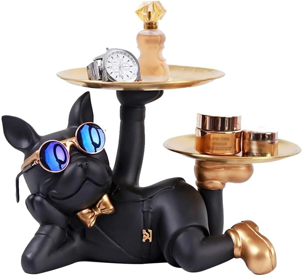 2-Pack Decorative Bulldog Key Tray – Modern Black French Bulldog Statue with Storage Dish for Keys, Coins, Jewelry, Phone – Entryway, Coffee Table, Home & Office Decor