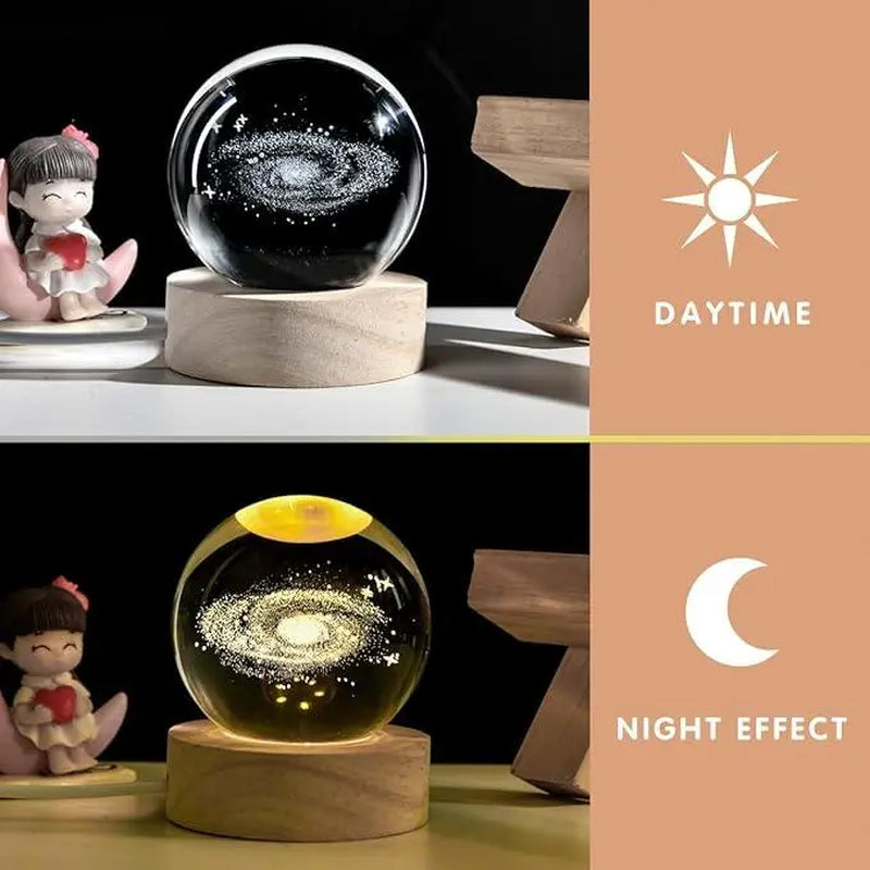 Glowing Crystal Ball 3D Inner Carved Small Crystal Ball Light with Wood Base, Decorative Creative Gift Luminous Crystal Ball for Christmas Classmates and Kids Birthday
