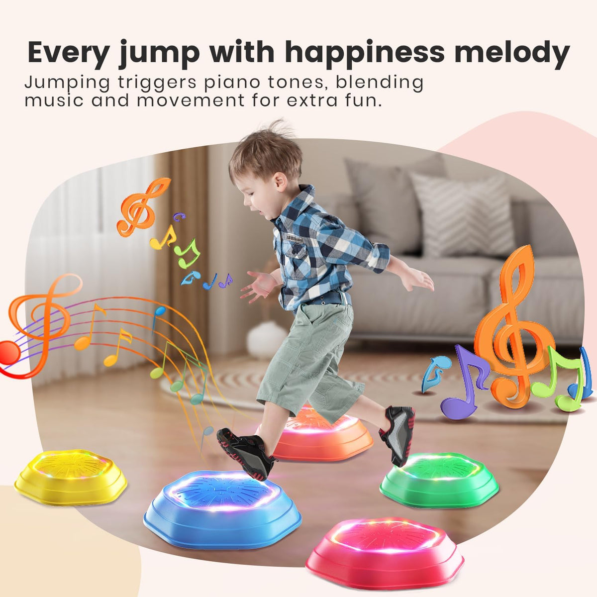 Light-Up Musical Stepping Stones for Kids, 5-Piece Set, Non-Slip Sensory Balance Stones for Toddlers, Indoor & Outdoor Play, Perfect for Ages 3+