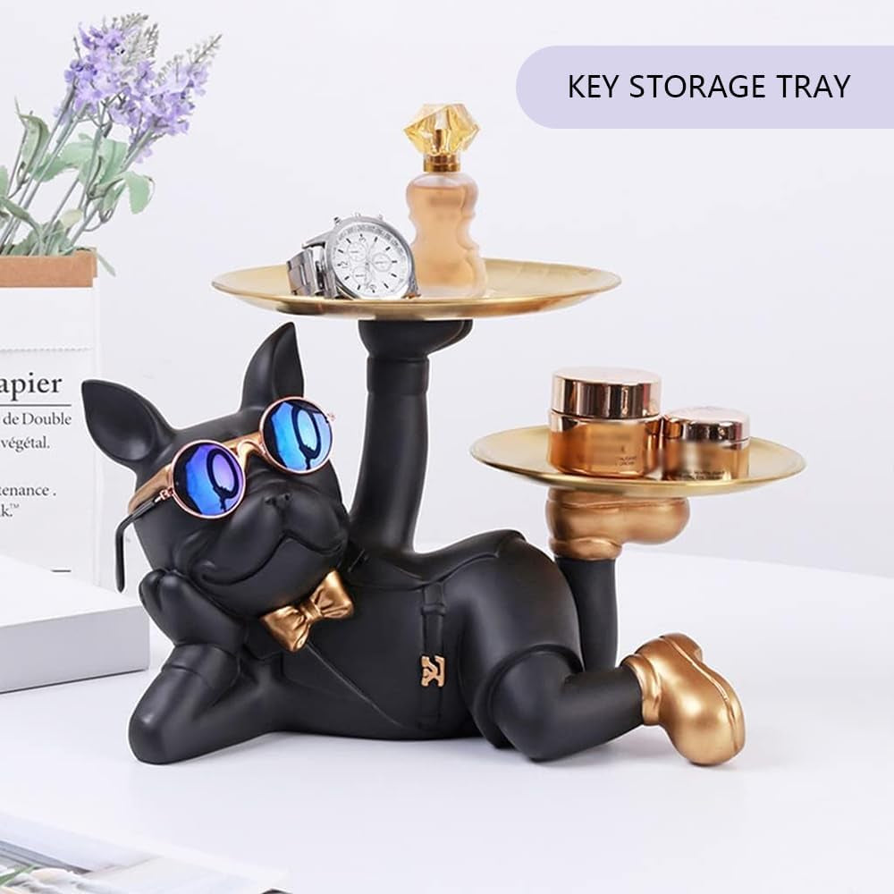 2-Pack Decorative Bulldog Key Tray – Modern Black French Bulldog Statue with Storage Dish for Keys, Coins, Jewelry, Phone – Entryway, Coffee Table, Home & Office Decor