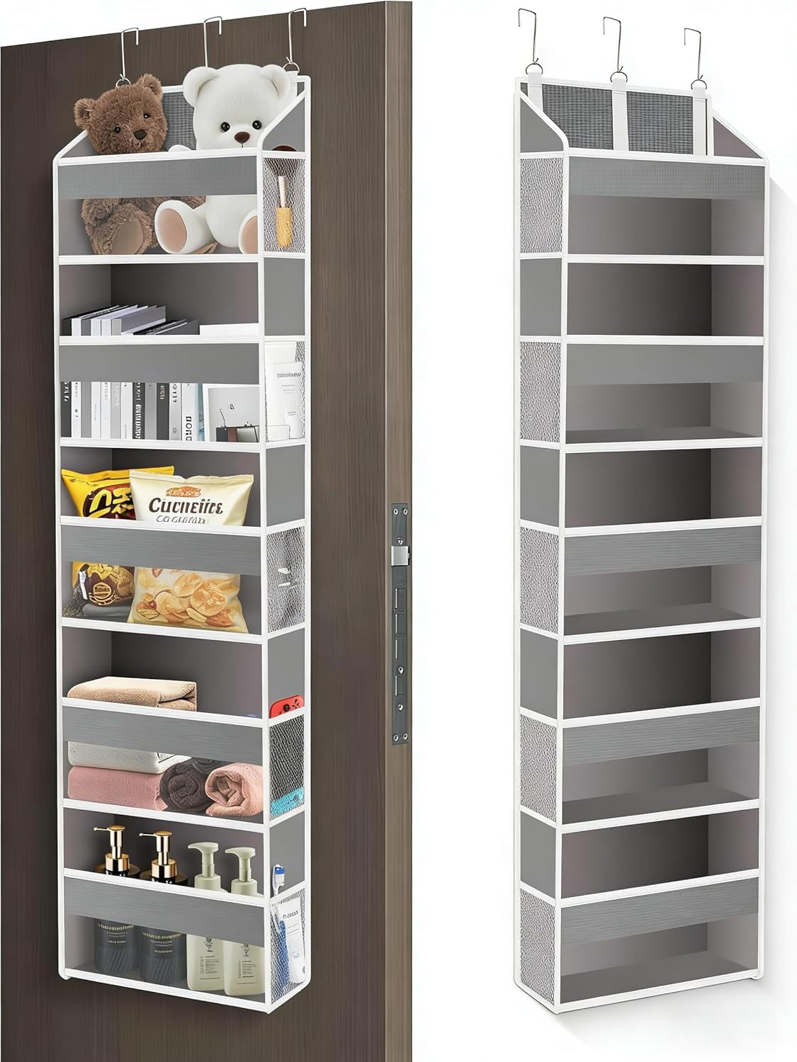 Over the Door Organizer Closet,5 Bins 10 Side Pockets,Hanging Door Organizer,Anti Tilt 44 Lbs Load Door Organizers and Storage with Clear Window for Bedroom,Nursery,Rv,Bathroom,Camper(Light Grey)