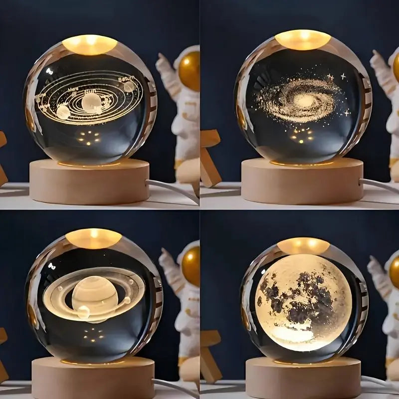 Glowing Crystal Ball 3D Inner Carved Small Crystal Ball Light with Wood Base, Decorative Creative Gift Luminous Crystal Ball for Christmas Classmates and Kids Birthday