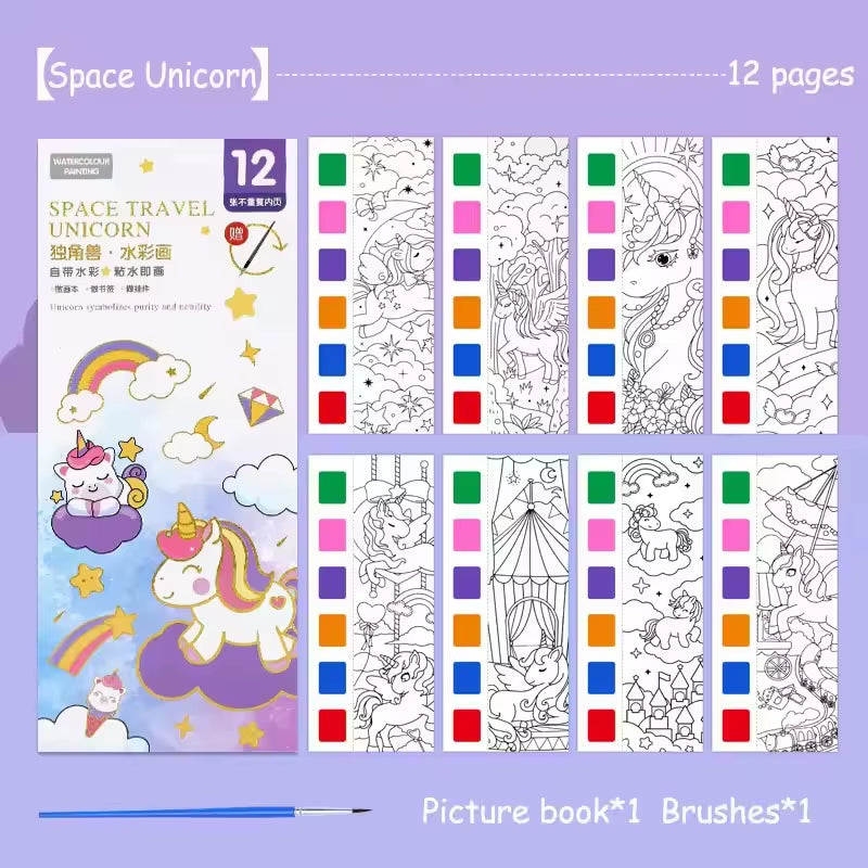 Magic Watercolor Coloring Book for Kids 12 Sheets Graffiti Painting Notebook with Paint Brush Water-Activated Gouache Drawing