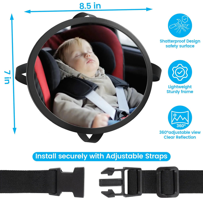 Baby Car Mirror for Rear Facing Infant - Shatterproof Acrylic, 360° Rotation, Clear Wide View, Easy Install, Secure & Steady, 8.5 X 7 X 2.4 Inches