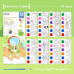 Magic Watercolor Coloring Book for Kids 12 Sheets Graffiti Painting Notebook with Paint Brush Water-Activated Gouache Drawing