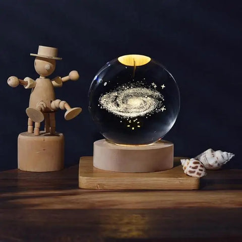 Glowing Crystal Ball 3D Inner Carved Small Crystal Ball Light with Wood Base, Decorative Creative Gift Luminous Crystal Ball for Christmas Classmates and Kids Birthday
