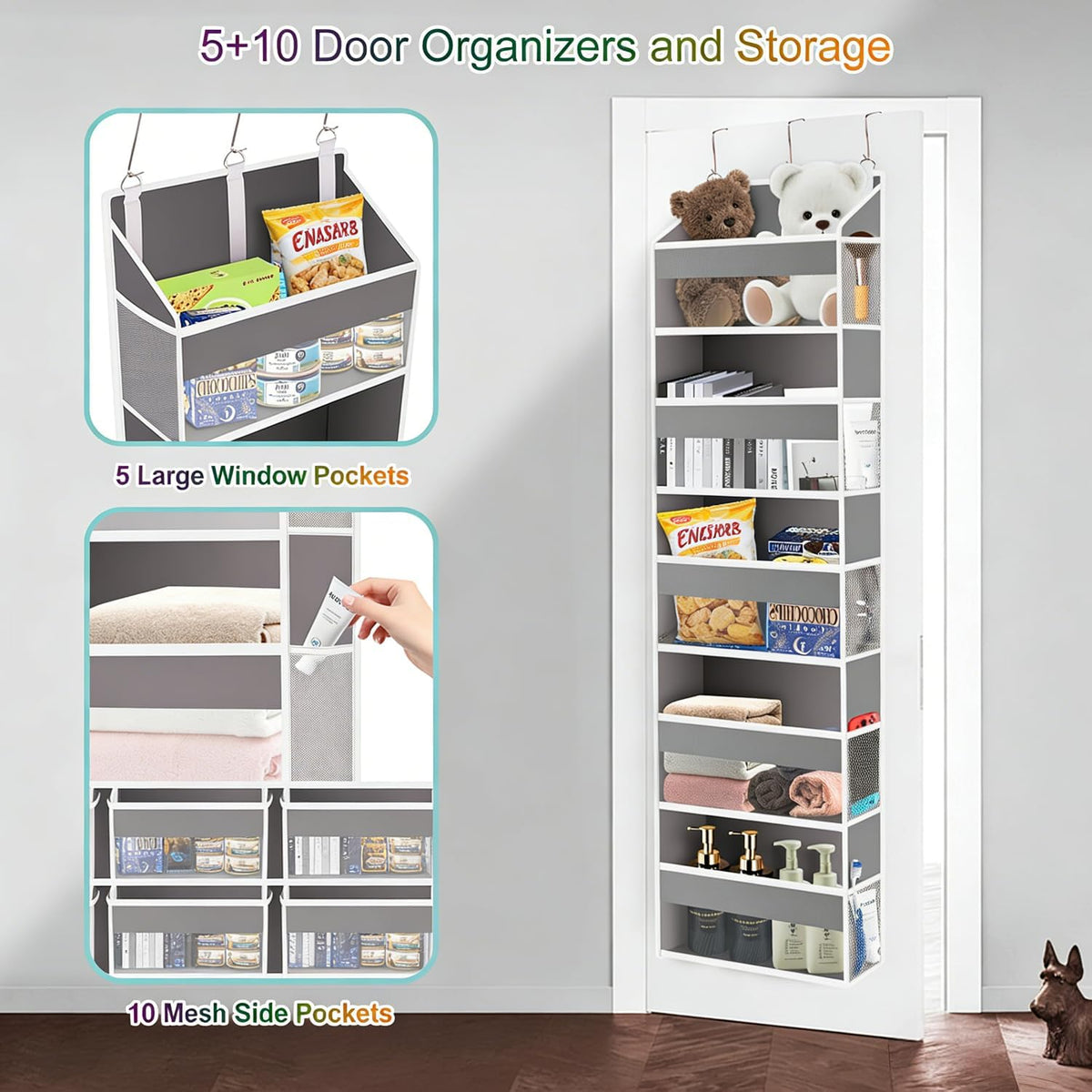 Over the Door Organizer Closet,5 Bins 10 Side Pockets,Hanging Door Organizer,Anti Tilt 44 Lbs Load Door Organizers and Storage with Clear Window for Bedroom,Nursery,Rv,Bathroom,Camper(Light Grey)