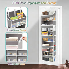Over the Door Organizer Closet,5 Bins 10 Side Pockets,Hanging Door Organizer,Anti Tilt 44 Lbs Load Door Organizers and Storage with Clear Window for Bedroom,Nursery,Rv,Bathroom,Camper(Light Grey)