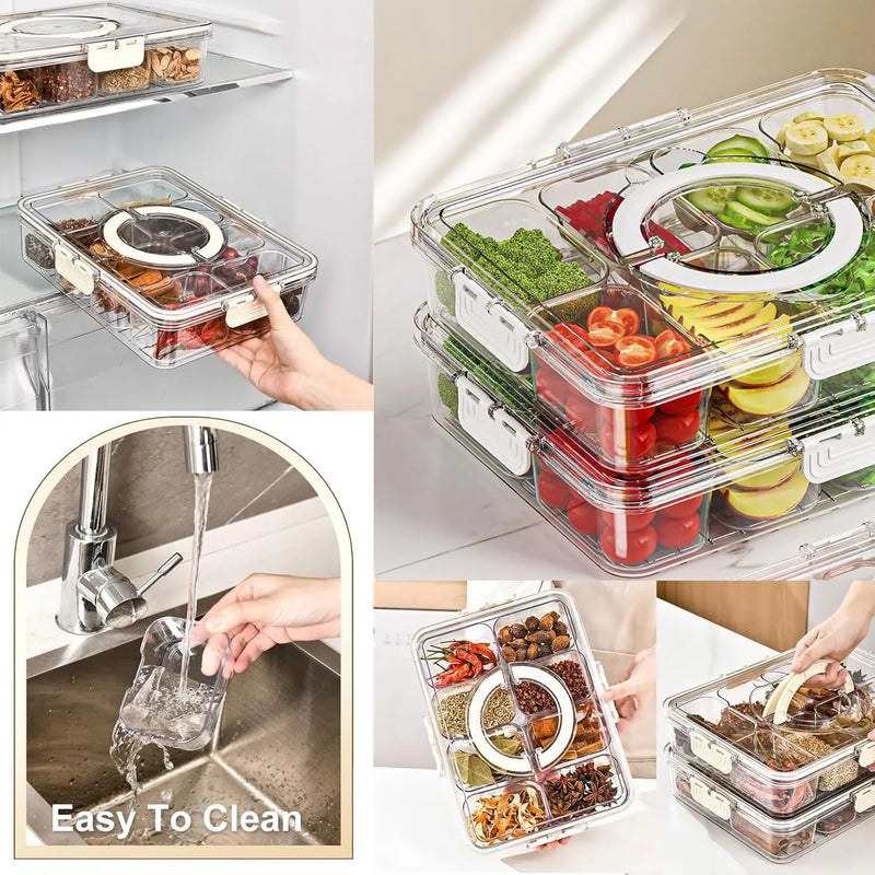 New Style Veggie Tray with Lid Handle Divided Serving Tray Snack Spinner Portable Snackle Box for Candy Fruits Nuts Clear Fridge