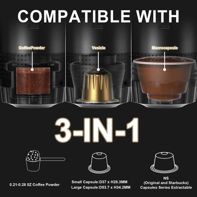 3-In-1 Portable Electric Coffee Machine, Travel Coffee Machine, Type-C Interface (2500Mah Lithium Battery), Hot and Cold Dual Mode, Wireless Heating, 60S Quick Heat, 60Ml Capacity, Suitable for Coffee Powder/Large and Small Cup Capsules