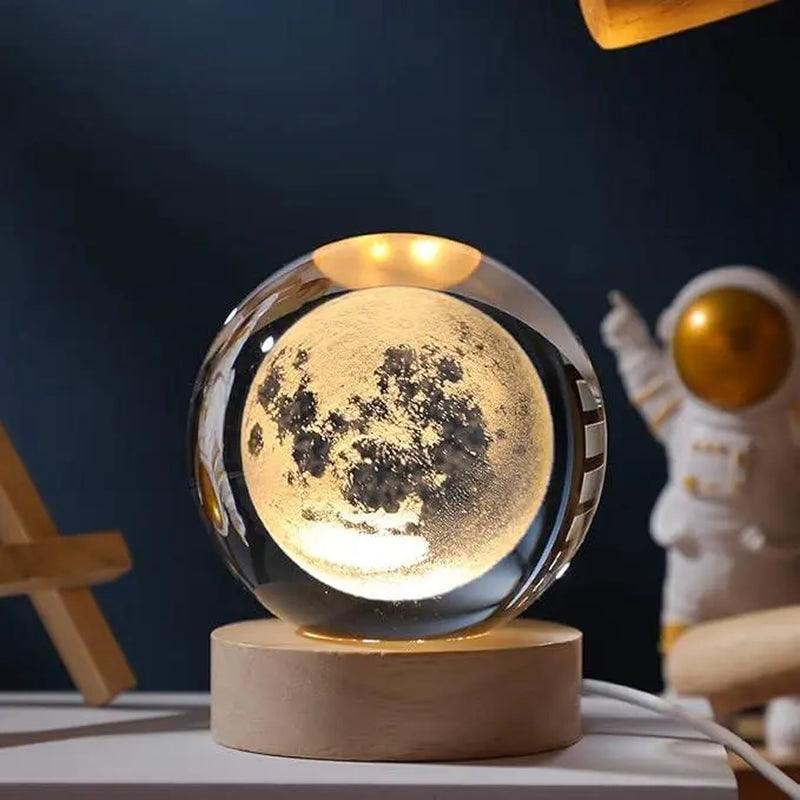 Glowing Crystal Ball 3D Inner Carved Small Crystal Ball Light with Wood Base, Decorative Creative Gift Luminous Crystal Ball for Christmas Classmates and Kids Birthday