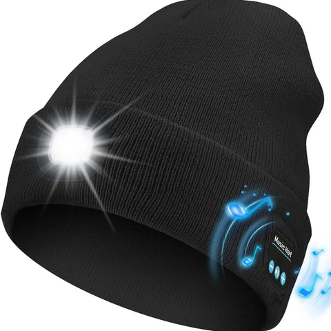 Bluetooth Beanie with LED Headlight and Removable Speaker, USB Rechargeable Warm Hat LED Hat for Music and Calling, Sport,Outdoor,Unisex Birthday Gift