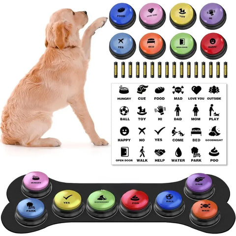 Pet Buttons for Communication, Talking Buttons for Dogs and Cats,8 Recordable Sound Buttons + 24 Scene Patterns + 1 Dog Button Mat+ 16 AAA