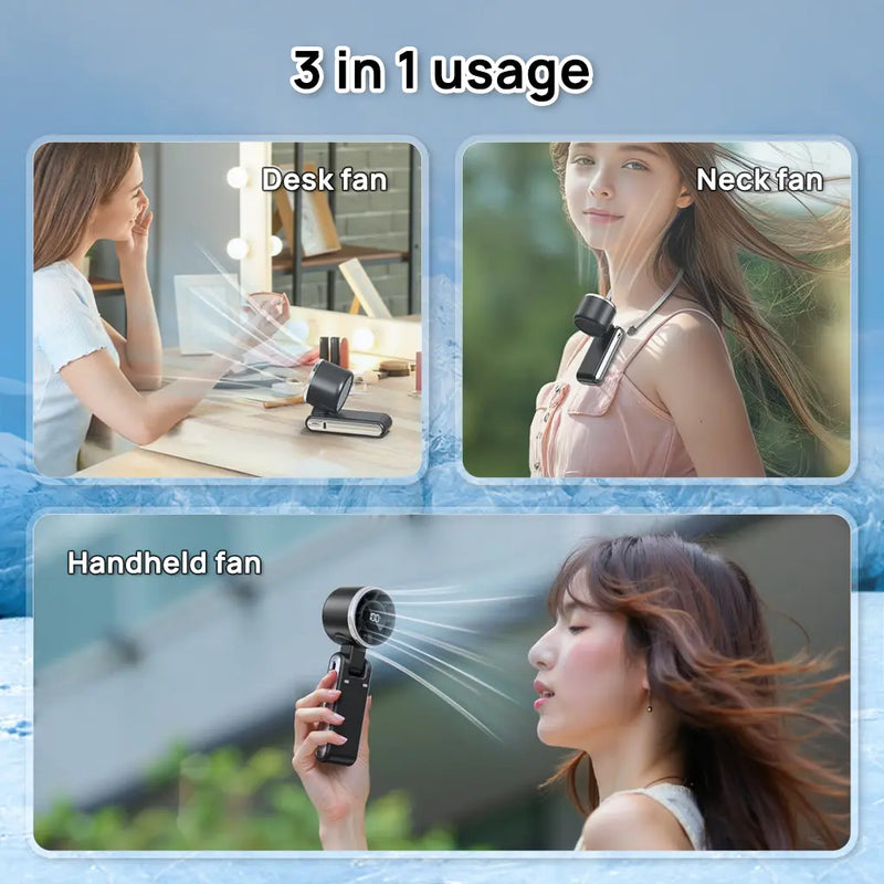 2026 New 3-In-1 Portable Neck & Handheld Fan, 5 Wind Speeds Digital Display, USB Rechargeable Personal Cooling Fan for Summer Outdoor, Travel, Commute, the Battery Has a Large Capacity and Long Endurance