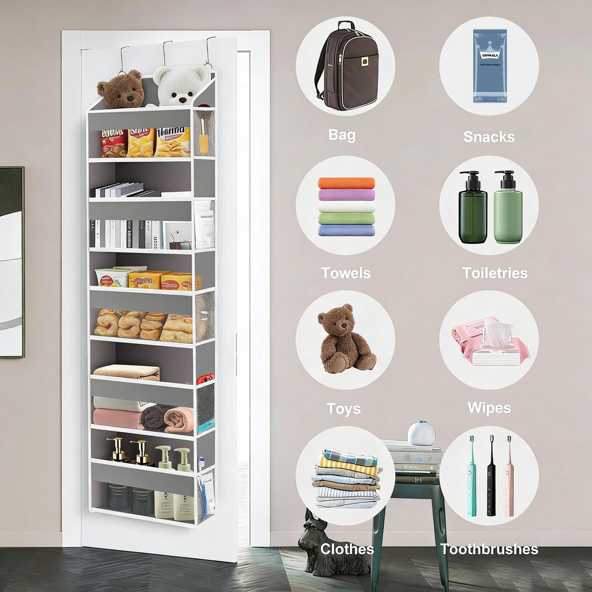 Over the Door Organizer Closet,5 Bins 10 Side Pockets,Hanging Door Organizer,Anti Tilt 44 Lbs Load Door Organizers and Storage with Clear Window for Bedroom,Nursery,Rv,Bathroom,Camper(Light Grey)