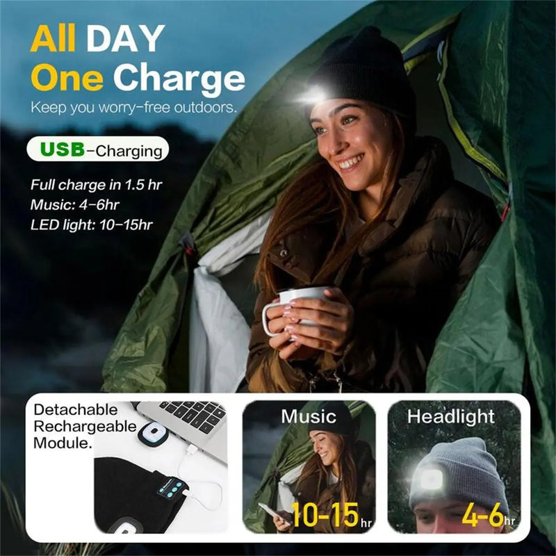 Bluetooth Beanie with LED Headlight and Removable Speaker, USB Rechargeable Warm Hat LED Hat for Music and Calling, Sport,Outdoor,Unisex Birthday Gift