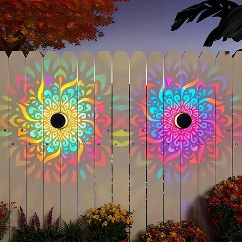 Seven-Color Changing Solar Mandala Projection Wall Light Decorative Solar Mandala Lights Outdoor Waterproof Metal Fence Lights for Yard Garden Post Patio Backyard Decor (2Pcs)