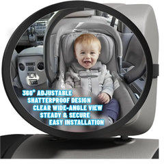 Baby Car Mirror for Rear Facing Infant - Shatterproof Acrylic, 360° Rotation, Clear Wide View, Easy Install, Secure & Steady, 8.5 X 7 X 2.4 Inches
