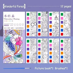 Magic Watercolor Coloring Book for Kids 12 Sheets Graffiti Painting Notebook with Paint Brush Water-Activated Gouache Drawing