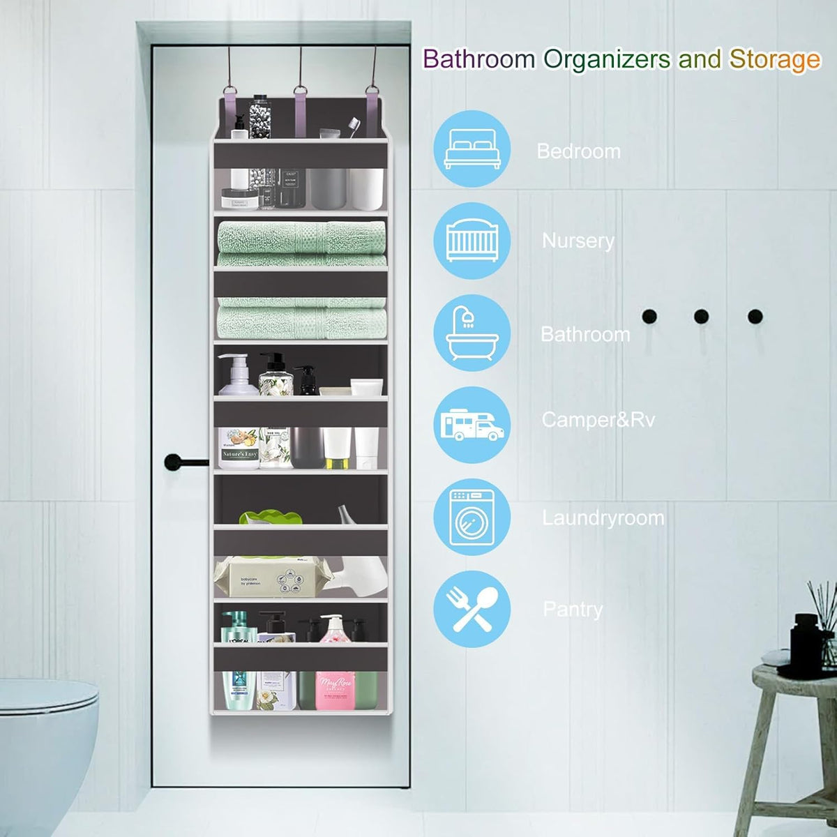 Over the Door Organizer Closet,5 Bins 10 Side Pockets,Hanging Door Organizer,Anti Tilt 44 Lbs Load Door Organizers and Storage with Clear Window for Bedroom,Nursery,Rv,Bathroom,Camper(Light Grey)