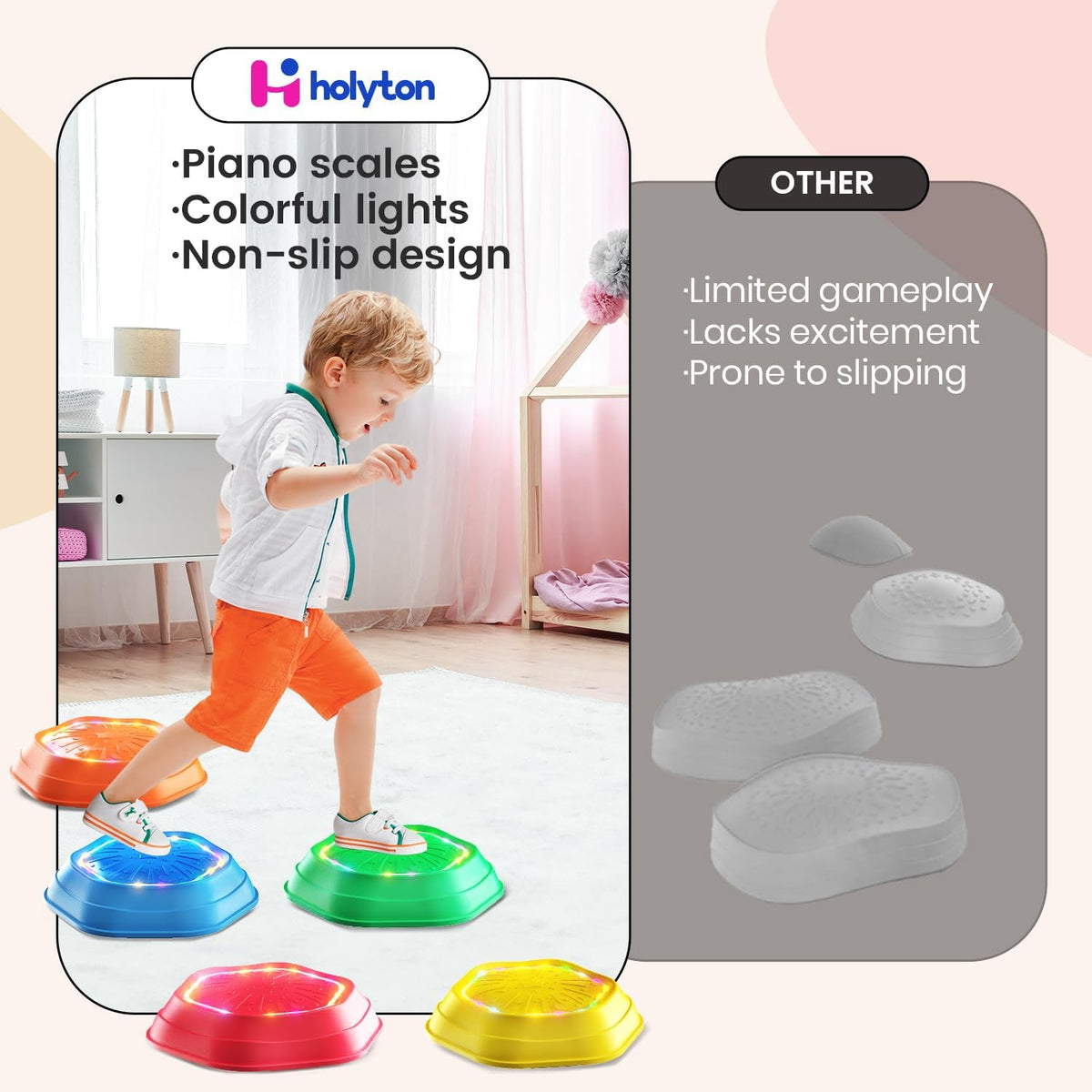 Light-Up Musical Stepping Stones for Kids, 5-Piece Set, Non-Slip Sensory Balance Stones for Toddlers, Indoor & Outdoor Play, Perfect for Ages 3+