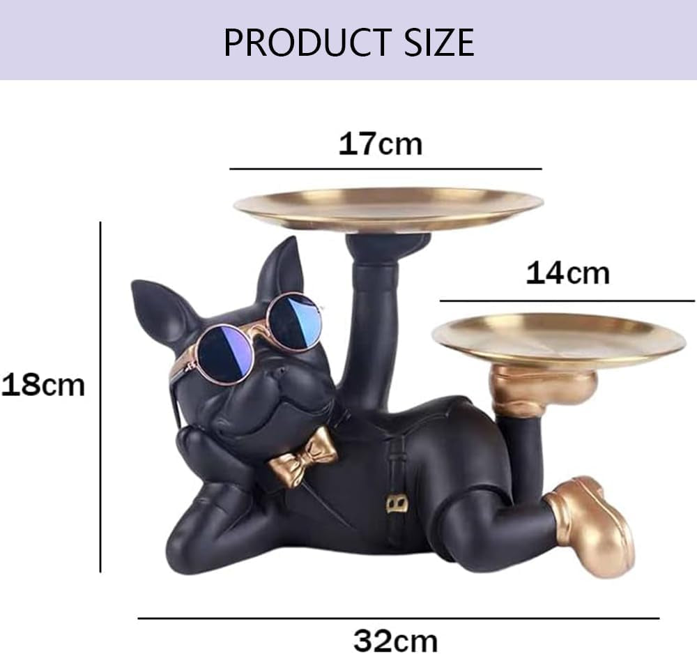2-Pack Decorative Bulldog Key Tray – Modern Black French Bulldog Statue with Storage Dish for Keys, Coins, Jewelry, Phone – Entryway, Coffee Table, Home & Office Decor