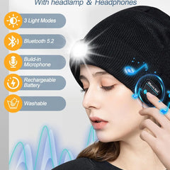 Bluetooth Beanie with LED Headlight and Removable Speaker, USB Rechargeable Warm Hat LED Hat for Music and Calling, Sport,Outdoor,Unisex Birthday Gift
