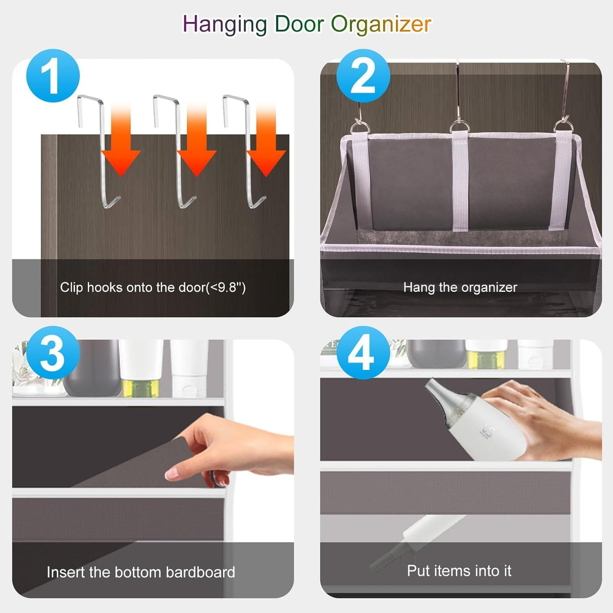Over the Door Organizer Closet,5 Bins 10 Side Pockets,Hanging Door Organizer,Anti Tilt 44 Lbs Load Door Organizers and Storage with Clear Window for Bedroom,Nursery,Rv,Bathroom,Camper(Light Grey)