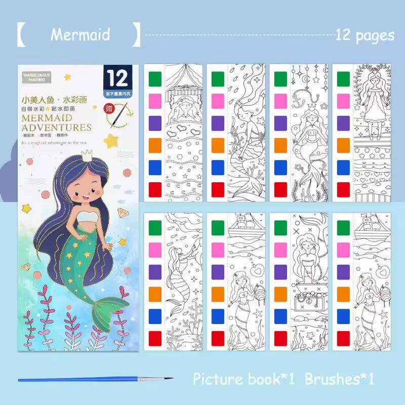 Magic Watercolor Coloring Book for Kids 12 Sheets Graffiti Painting Notebook with Paint Brush Water-Activated Gouache Drawing