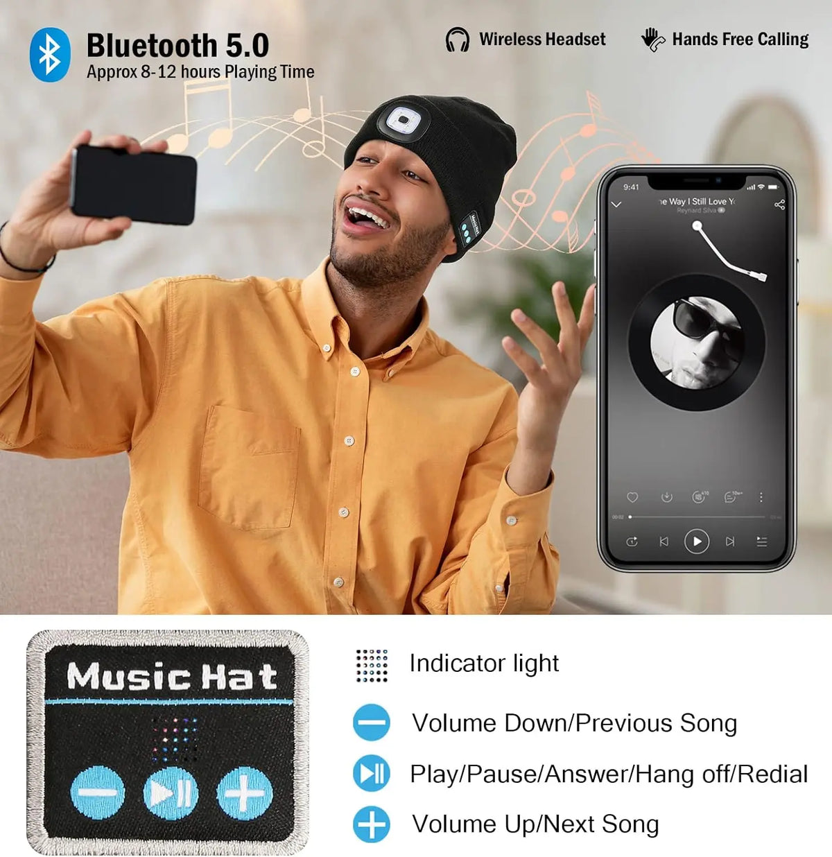 Bluetooth Beanie with LED Headlight and Removable Speaker, USB Rechargeable Warm Hat LED Hat for Music and Calling, Sport,Outdoor,Unisex Birthday Gift