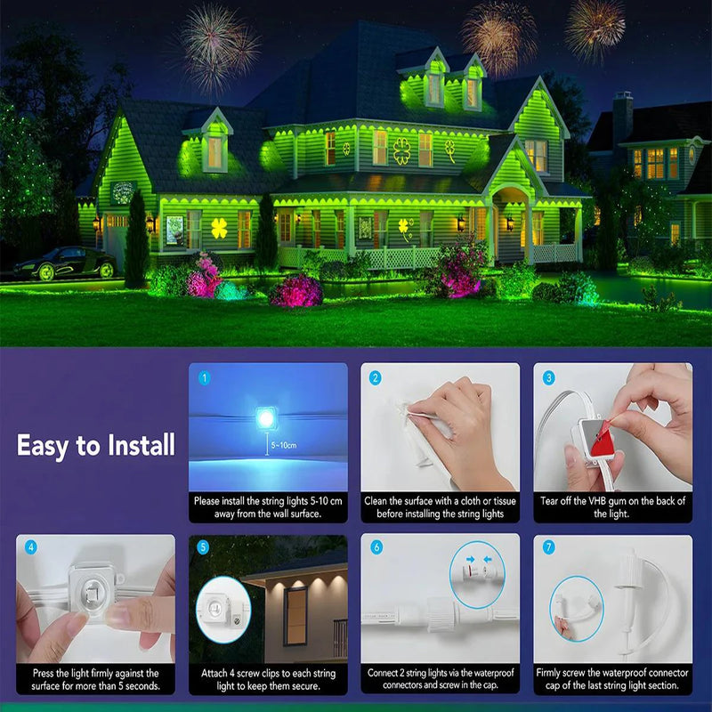 Permanent Outdoor Lights Smart RGBIC LED Eaves Lights with App/Remote Control Full House Flashing Lighting Christmas Decor