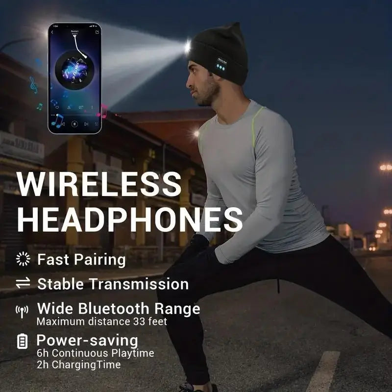 Bluetooth Beanie with LED Headlight and Removable Speaker, USB Rechargeable Warm Hat LED Hat for Music and Calling, Sport,Outdoor,Unisex Birthday Gift