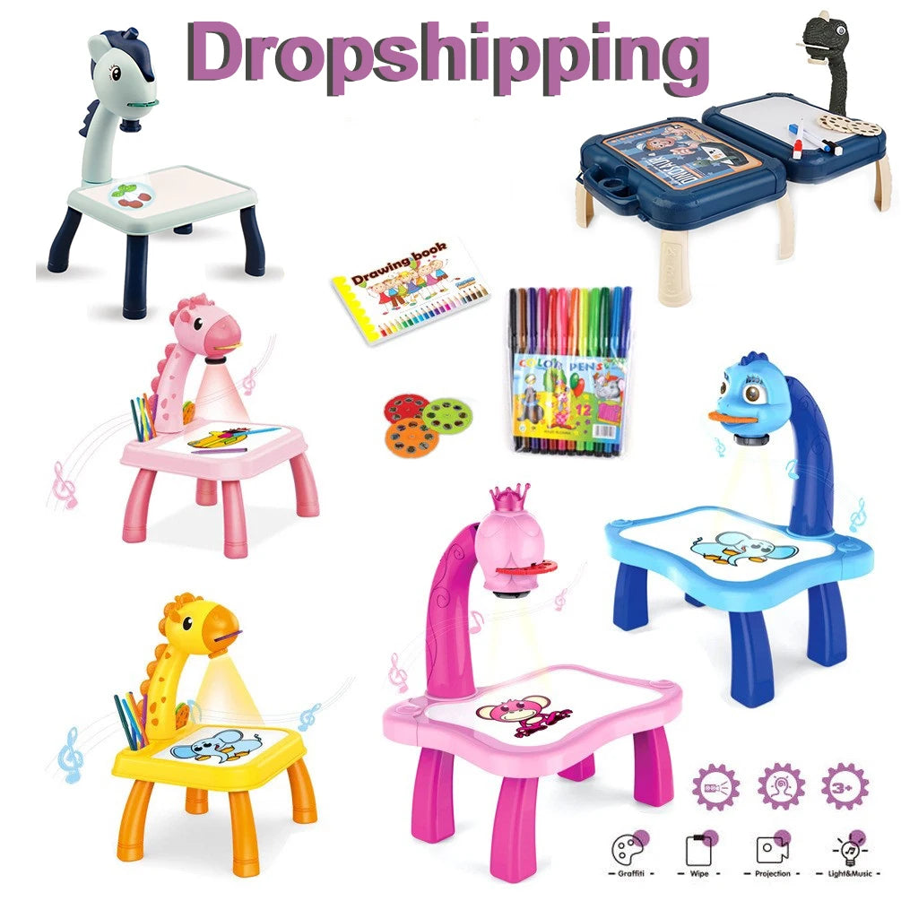 Kids Painting Board Toys Children LED Projector Art Painting Table Desk Arts Toy Educational Learning Paint Tool Toy for Girl