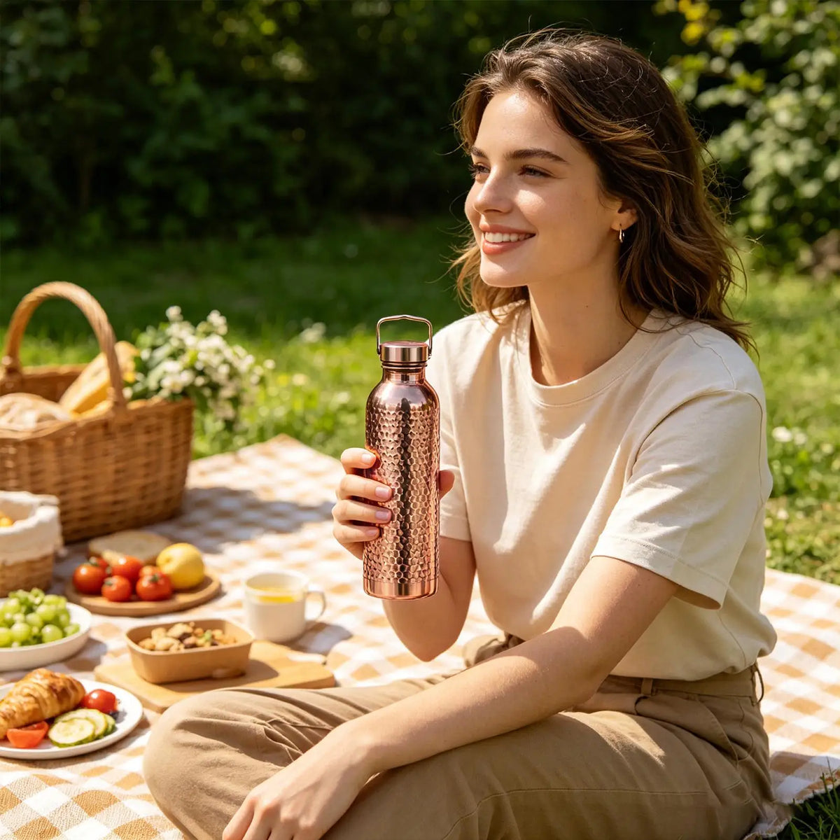 800Ml 304 Stainless Steel Electroplated Copper Water Bottle​ ​Insulated Drinkware​ ​Hammer Pattern Bottle​ for Camping Hiking