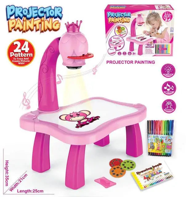 Kids Painting Board Toys Children LED Projector Art Painting Table Desk Arts Toy Educational Learning Paint Tool Toy for Girl