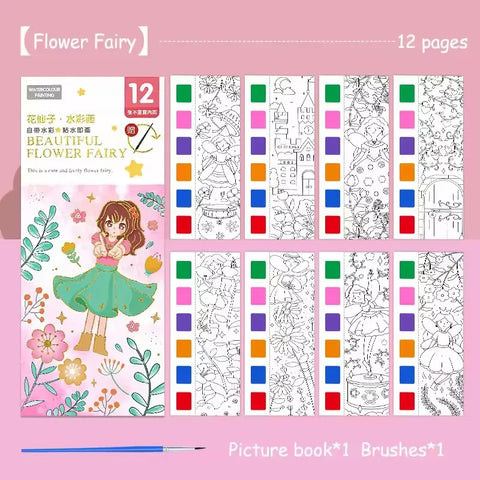 Magic Watercolor Coloring Book for Kids 12 Sheets Graffiti Painting Notebook with Paint Brush Water-Activated Gouache Drawing