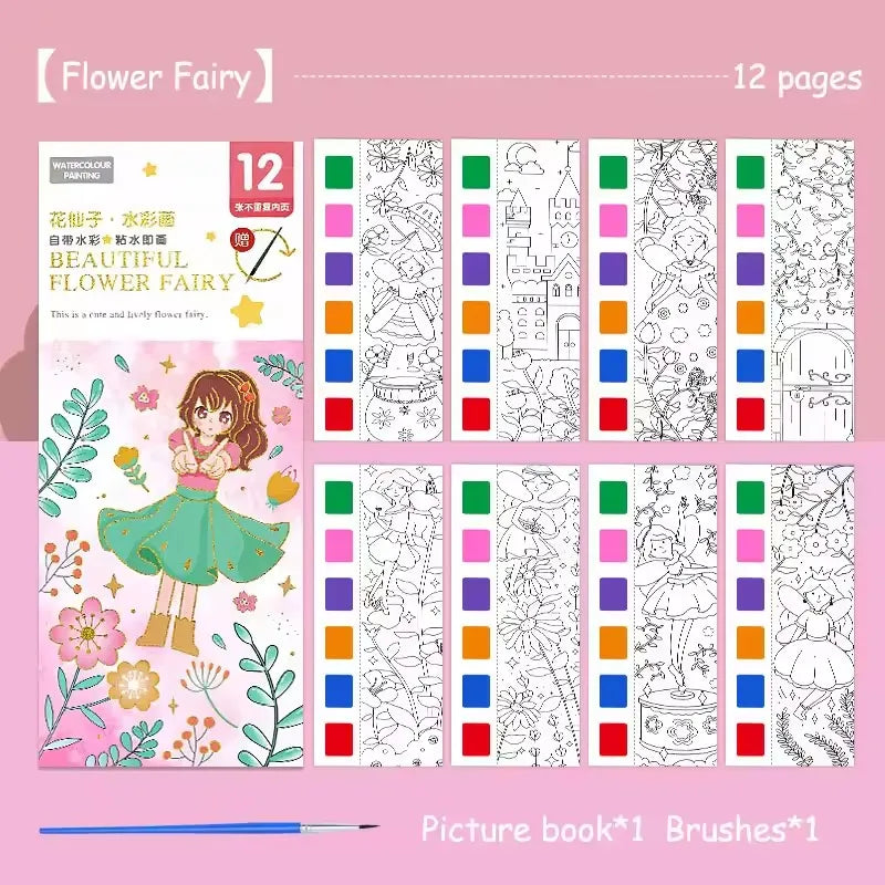 Magic Watercolor Coloring Book for Kids 12 Sheets Graffiti Painting Notebook with Paint Brush Water-Activated Gouache Drawing