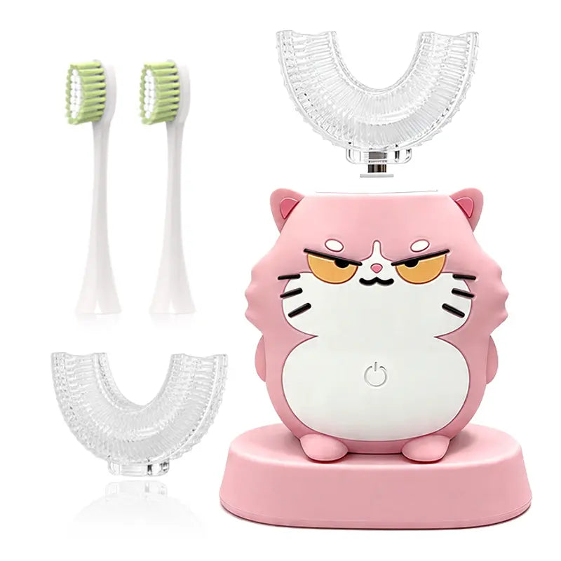 Kids Electric U-Shaped Toothbrsh - Cat Cartoon Sonic Atomatic Toothbrsh, 4-Head Fll Moth 6-Speed Cleaning Mode, Sitable for 2-15 Years Old Rechargeable Electronic Toothbrushes