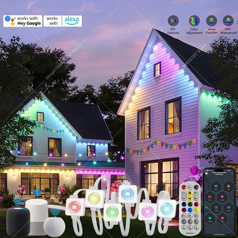 LED Permanent Outdoor Lights IP65 Waterproof RGBIC Eave Lights with Remote for Christmas New Year Roof DIY Holiday String Light
