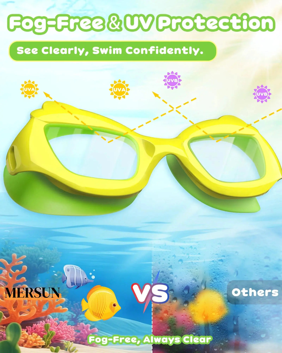 **Marisun Kids Swim Goggles (2-Pack) – Anti-Fog, UV Protection, Wide View Swimming Goggles for Boys & Girls Ages 3–15+, Shatter-Resistant Lenses for Pool, Beach & Outdoor Swimming**