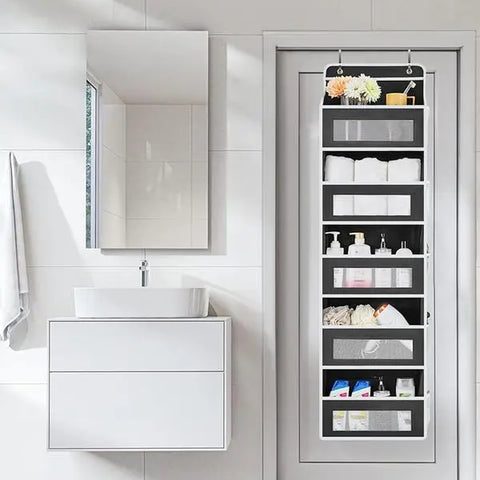 Over Door Hanging Organizer Storage, 5-Tier Closet & Pantry Organizer with 5 Deep Pockets, Heavy Duty Anti-Tilt Design, Holds up to 44 Lbs, No Drill Install for Bedroom, Bathroom, Nursery, Dorm & Small Space