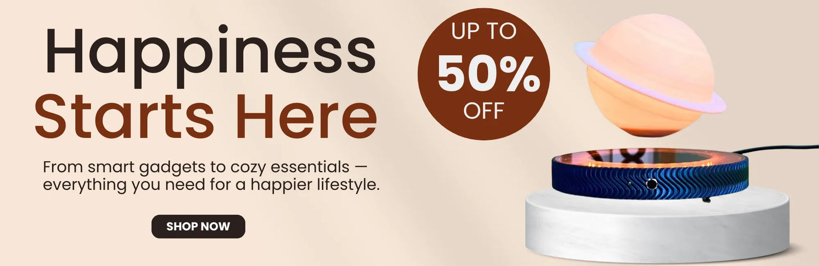 Promotional banner with a smart gadget and text about happiness and discounts.